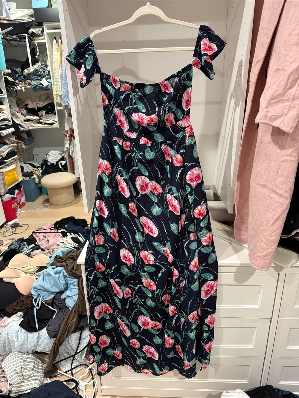 Floral Off-Shoulder Midi Dress - Navy with Pink Blossoms